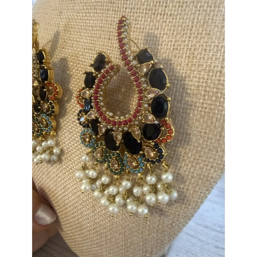 Black And Multicolor Turkish Statement Earrings Gold‎ Tone Pierced Double Lock